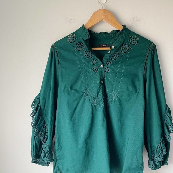 J. Crew Women's Dark Spruce Ruffle Sleeve Embroidered Eyelet Blouse Size S - Picture 3 of 5
